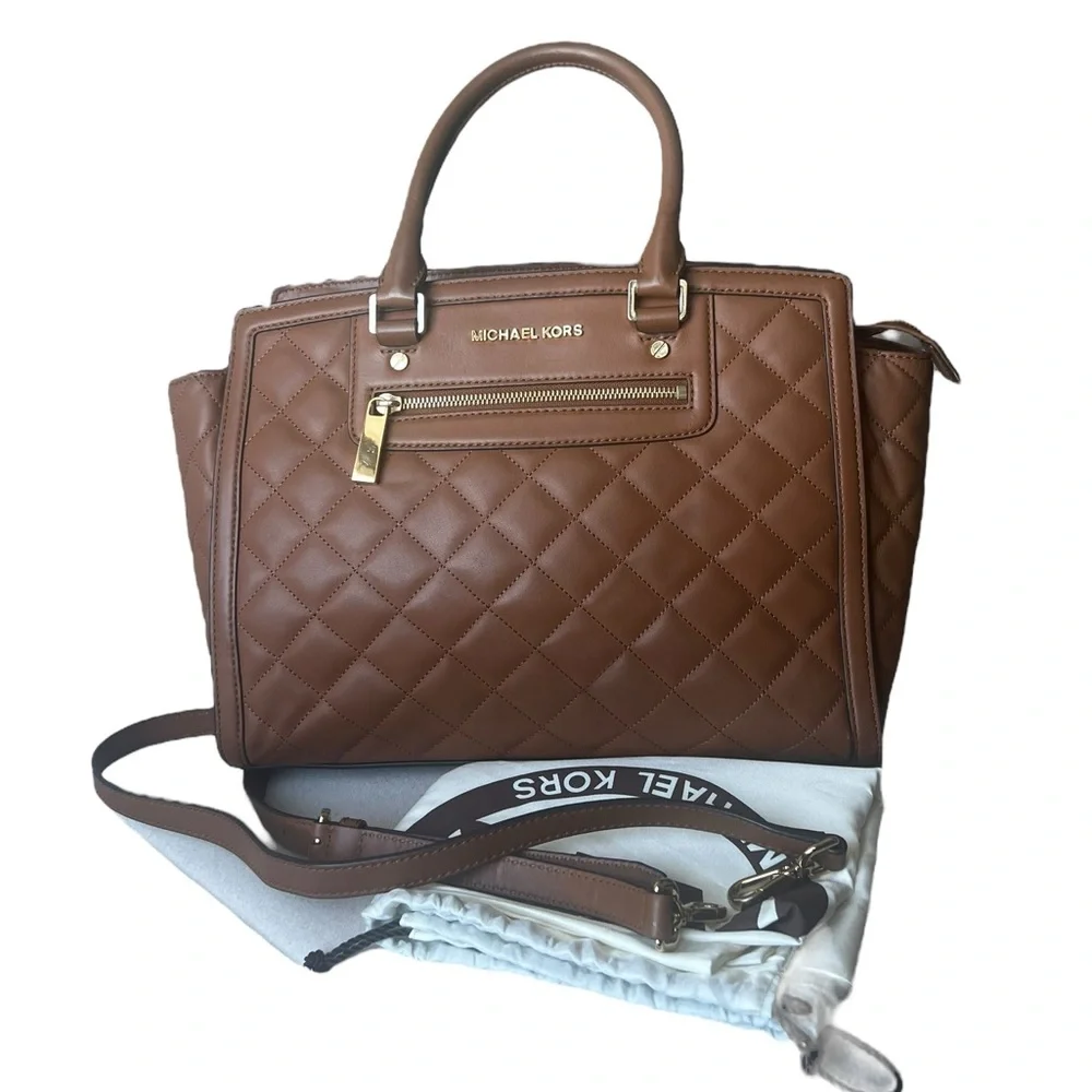 Michael Kors Quilted Leather Satchel Handbag in Brown with Gold Hardware